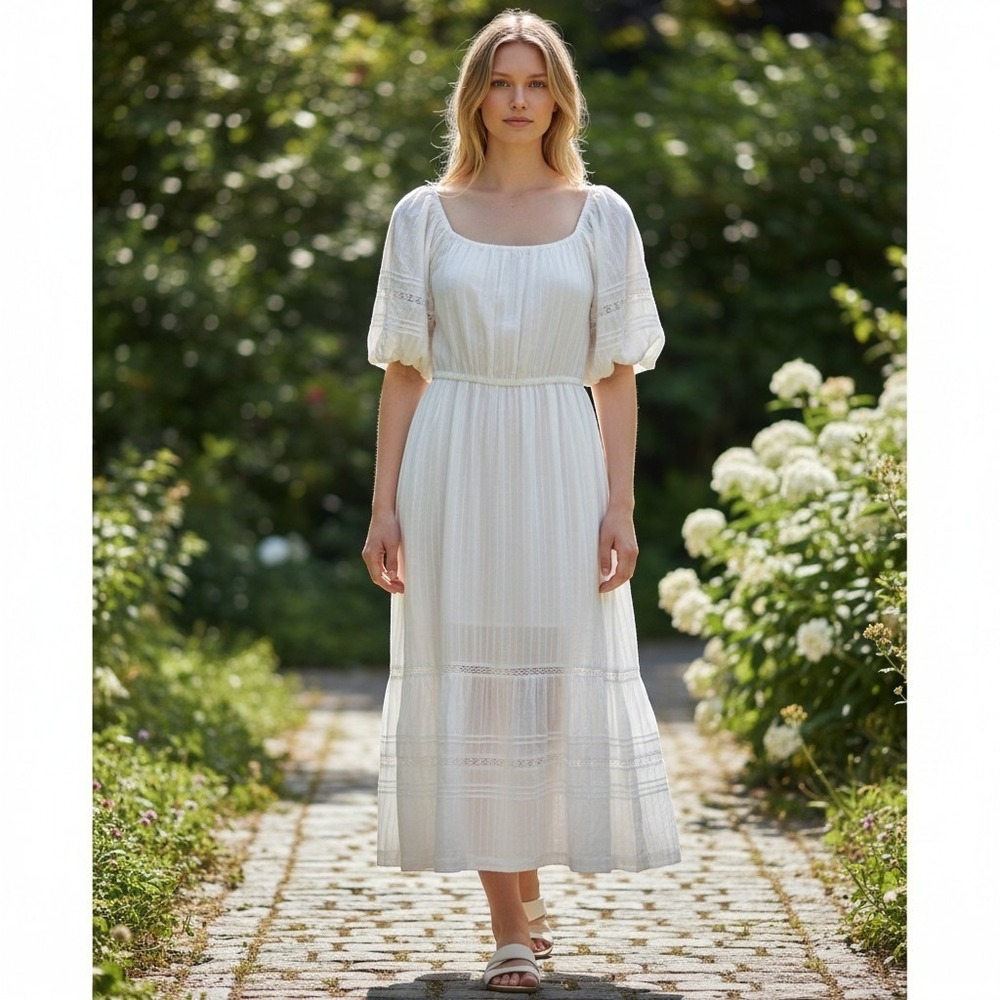 Z Supply Poppy Midi Dress White Eyelet Lace Tiered Boho Gauze Small Cottagecore